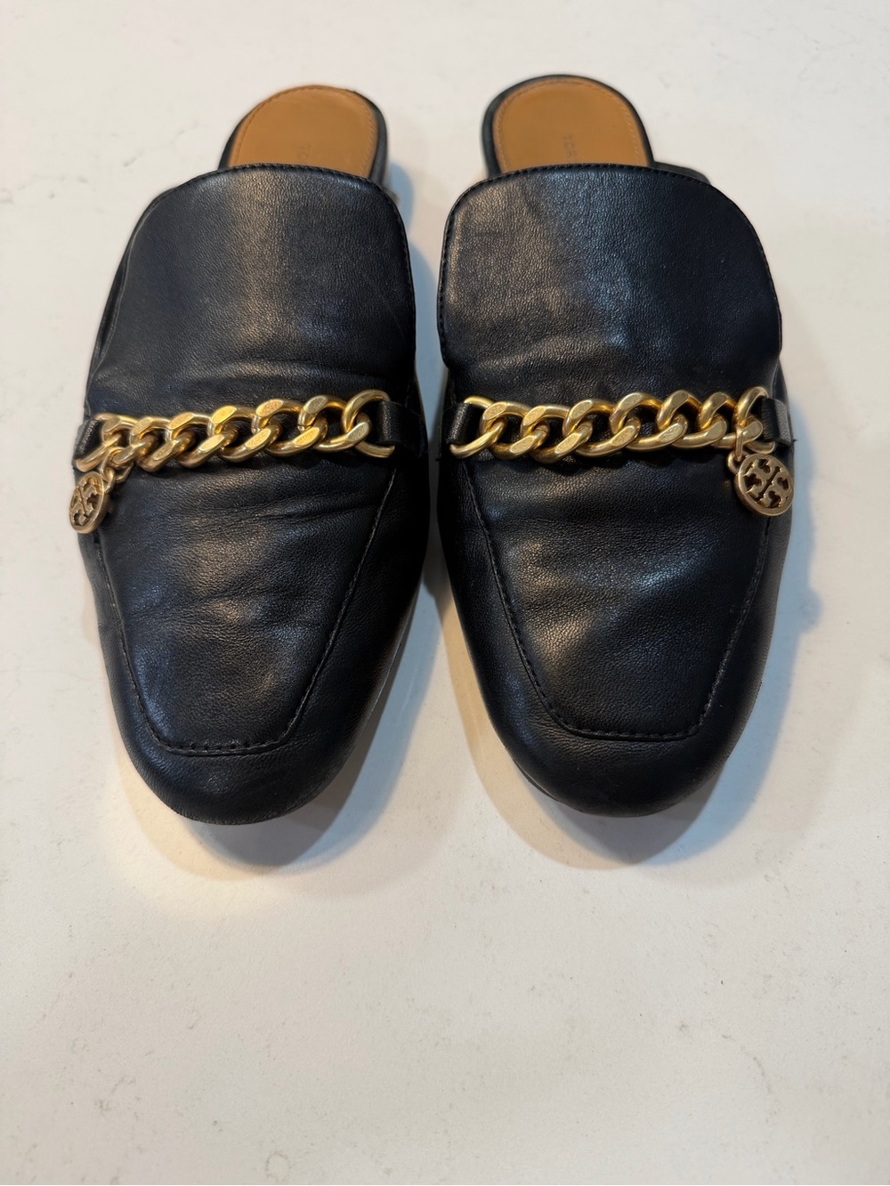 Tory Burch Black Leather Slip-On Loafers with Leather Sole